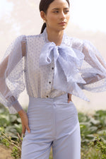 Sheer Blue Organza Top with Delicate Puff Sleeves and Lining