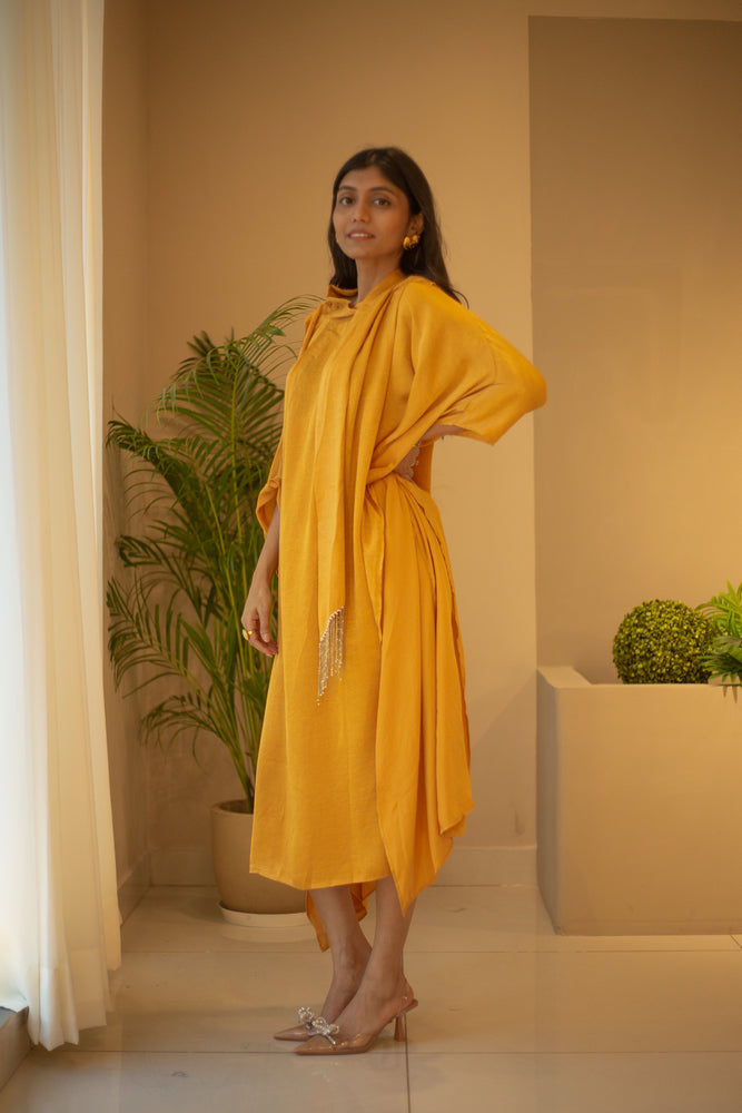 Ochre Satin Draped Kaaftan Dress