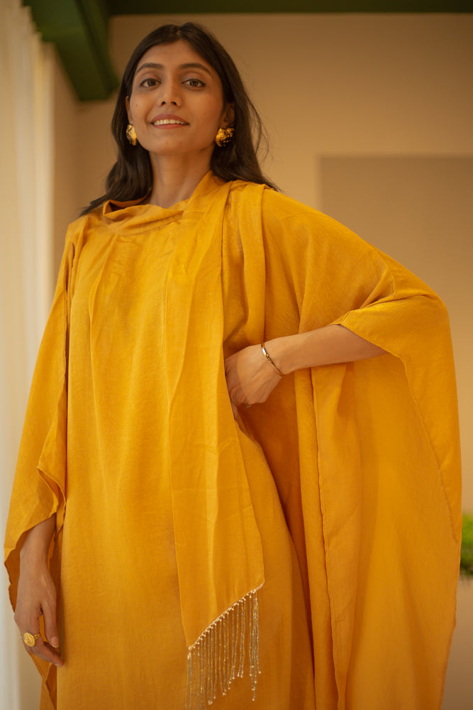 Ochre Satin Draped Kaaftan Dress