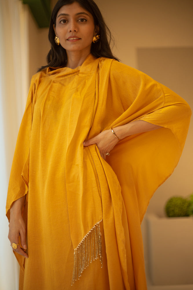 Ochre Satin Draped Kaaftan Dress